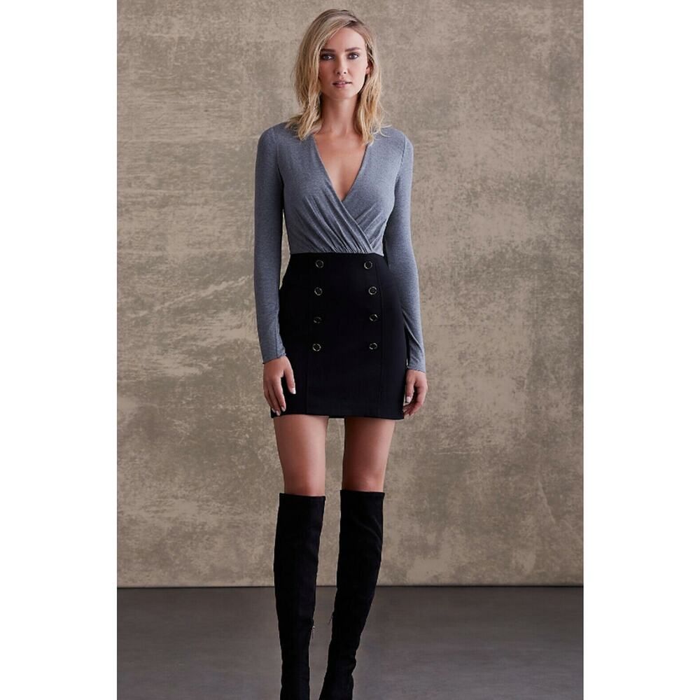 NWT Bailey 44 Anthro Evie Long Sleeves Surplice Neck Dress in Gray & Black XS